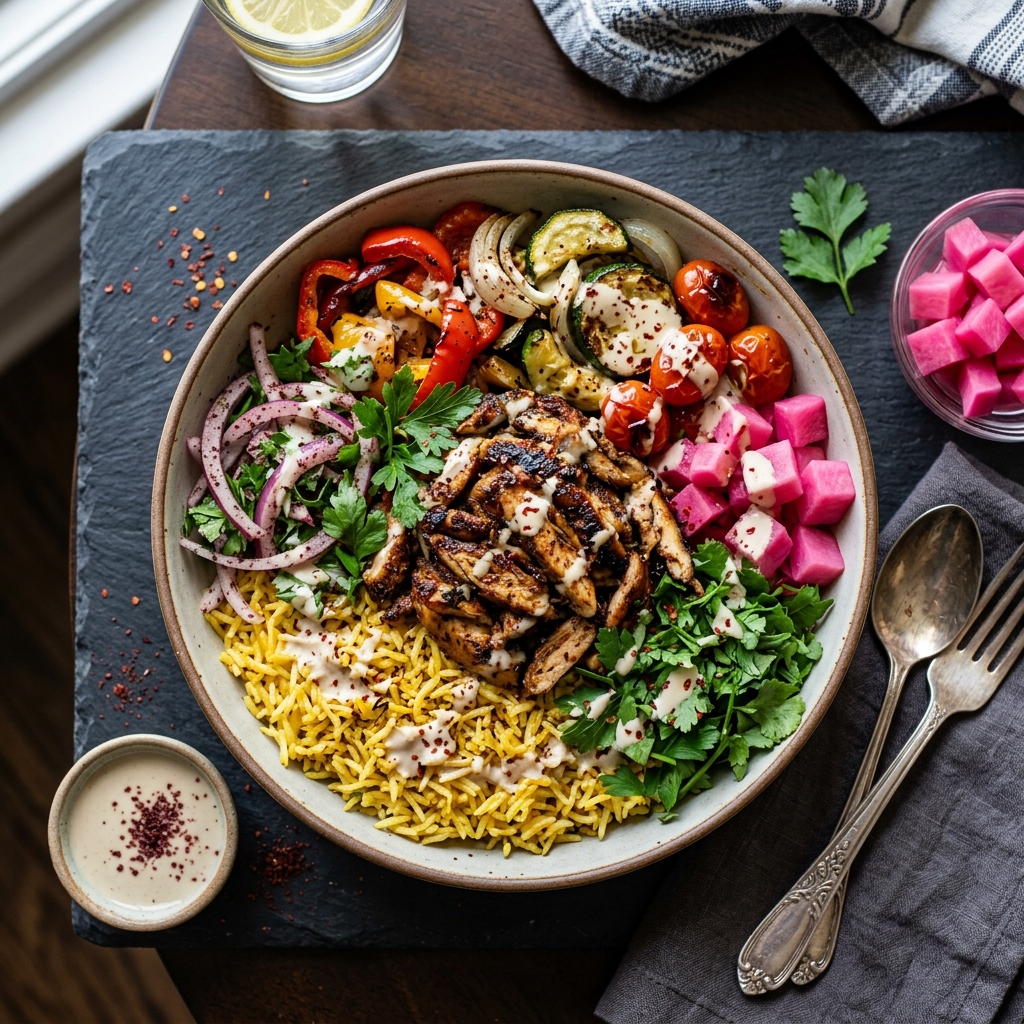 Chicken bowl met rijst, salade en saus